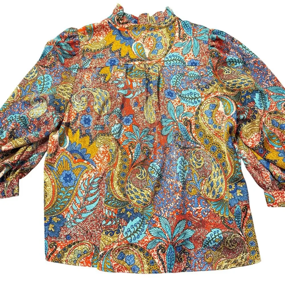 Joy joy Womens silk-like blouse, reds, blues, marigold paisley floral pattern, L